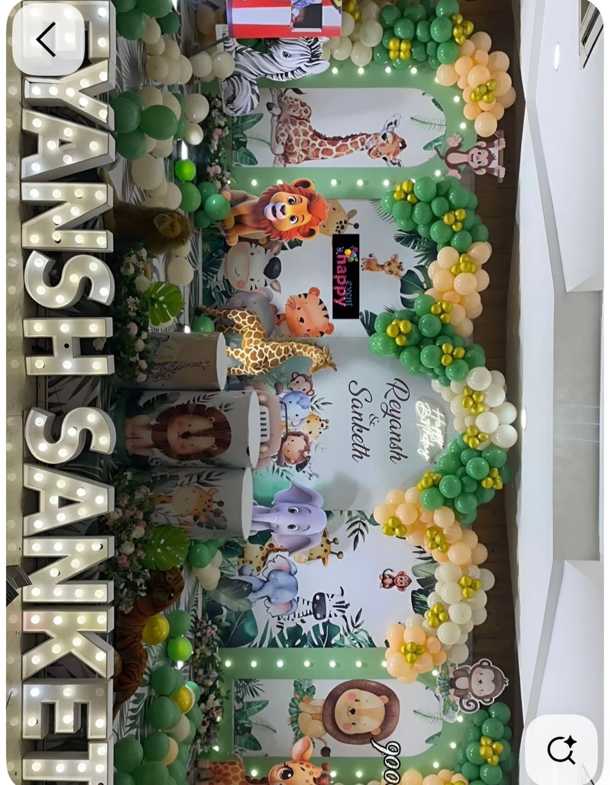 Grand jungle balloon birthday decor with lights