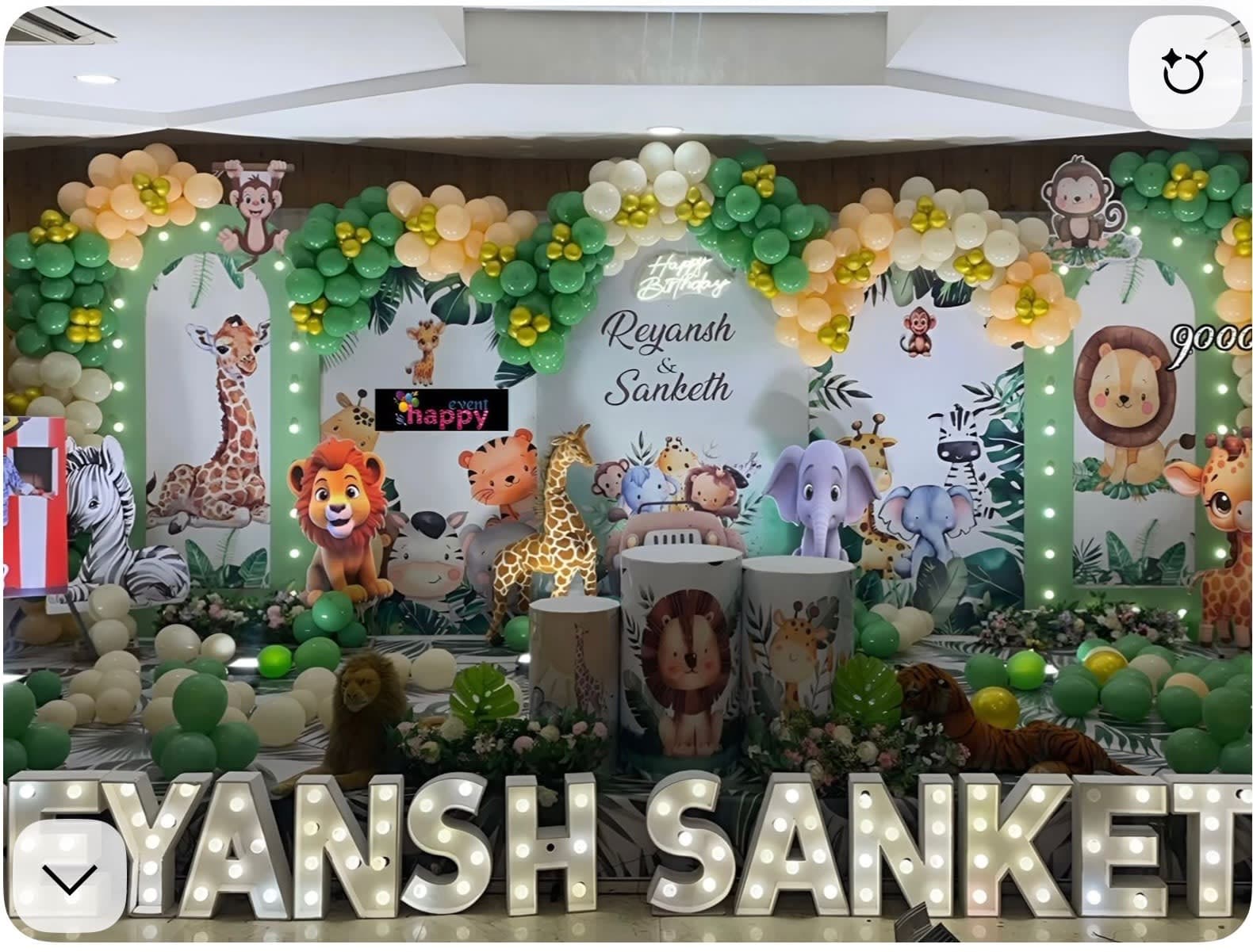 Grand jungle balloon birthday decor with lights