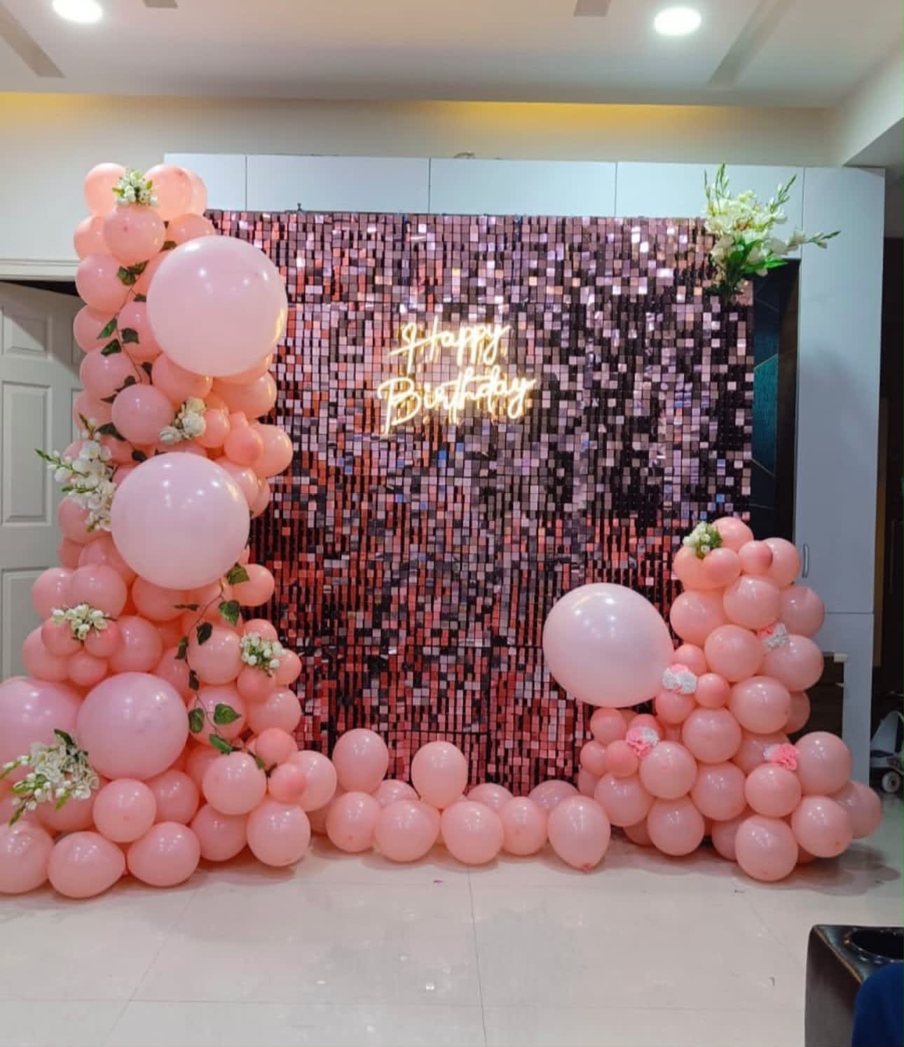 Pink Birthday Decoration | Elegant Balloon & Sequin Backdrop